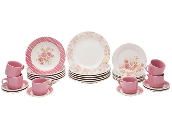Aparelho de Jantar e Chá 30 Peças Biona Donna – Cerâmica Rosa, Formato Redondo