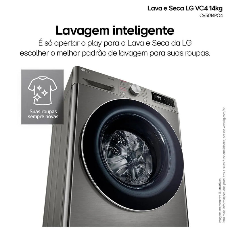 Lava & Seca 14 Kg LG Smart com Inteligência Artificial AIDD™ Inox Look com 13 Programas de Lavagem - CV5014PC4