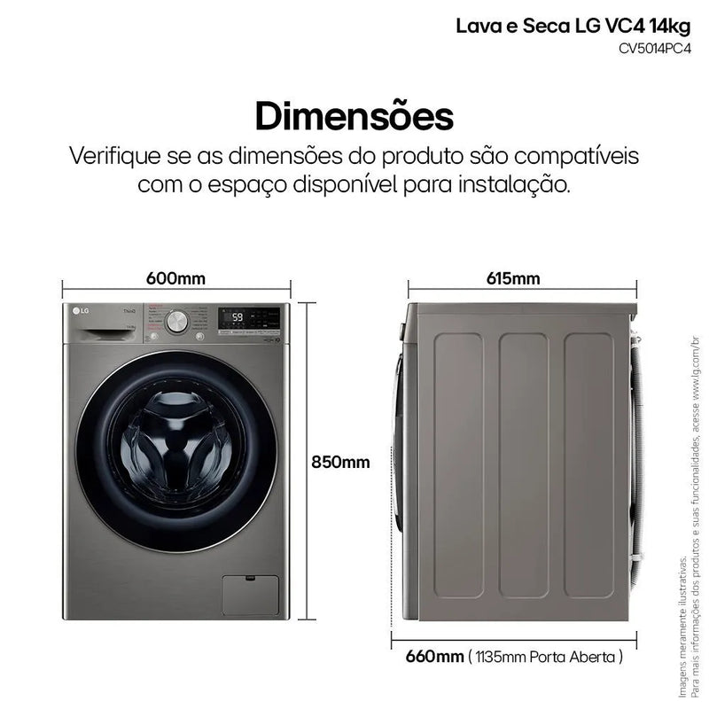 Lava & Seca 14 Kg LG Smart com Inteligência Artificial AIDD™ Inox Look com 13 Programas de Lavagem - CV5014PC4